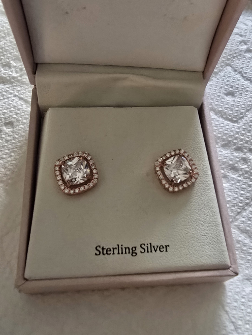 Sterling Silver Rose Gold Halo Cushion-Cut Stud Earrings